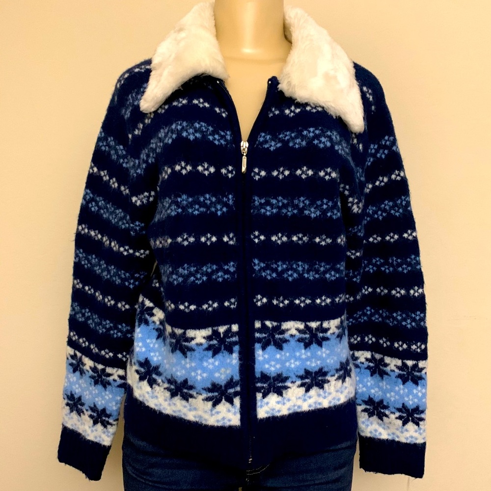 Snowflakes wool collard lightweight sweater Sz PXL